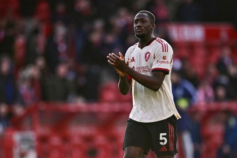 Liverpool's French defender #05 Ibrahima Konate reacts at the end of the English Premier League football match between Nottingham Forest and Liverpool at The City Ground in Nottingham, central England on February 22, 2026.  Ben STANSALL / AFP