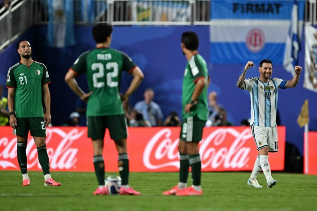 Argentina's forward #10 Lionel Messi celebrates scoring his team's third goal during the 2026 World Cup Group J football match between Argentina and Algeria at the Kansas City Stadium in Kansas City on June 16, 2026.   ROBERTO SCHMIDT / AFP