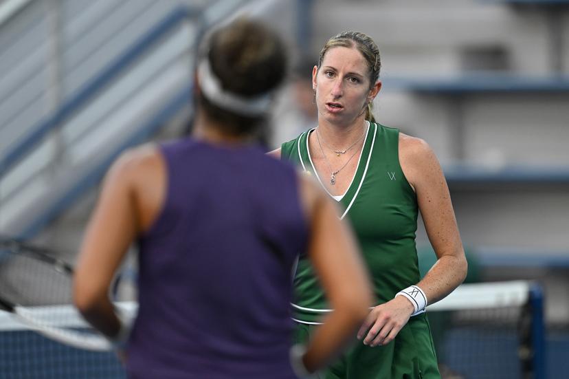 Belgian Magali Kempen (green) and Egypt Maya Sherif (purple) pictured during a tennis match against US pair Jovic-Ngounoue, in the first round of the women's doubles of the 2025 US Open Grand Slam tennis tournament in New York City, USA, Thursday 28 August 2025. BELGA PHOTO TONY BEHAR