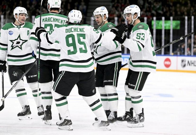 Miro Heiskanen (L-R), Mason Marchment, Matt Duchene, Evgenii Dadonov and Wyatt Johnston of Dallas celebrate a goal during the NHL Global Series Ice Hockey match Dallas Stars vs Florida Panthers  in Tampere, Finland on November 2, 2024. NHL teams Dallas Stars and Florida Panthers face each other in NHL Global Series matches in Tampere on November 1 and November 2, 2024. Heikki Saukkomaa / Lehtikuva / AFP