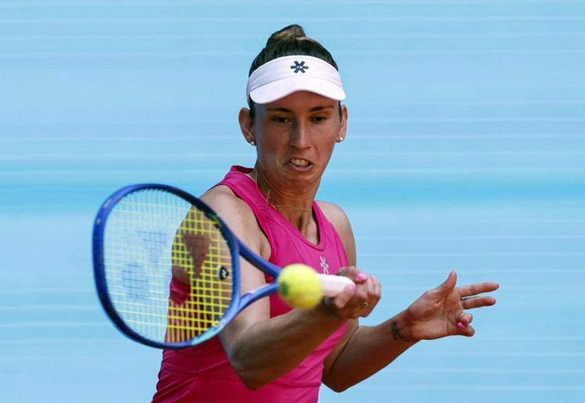 Belgium's Elise Mertens returns the ball to Czech Republic's Karolina Pliskova during their 2026 WTA Tour Madrid Open tennis tournament singles match at the Caja Magica in Madrid, on April 26, 2026.   OSCAR DEL POZO / AFP