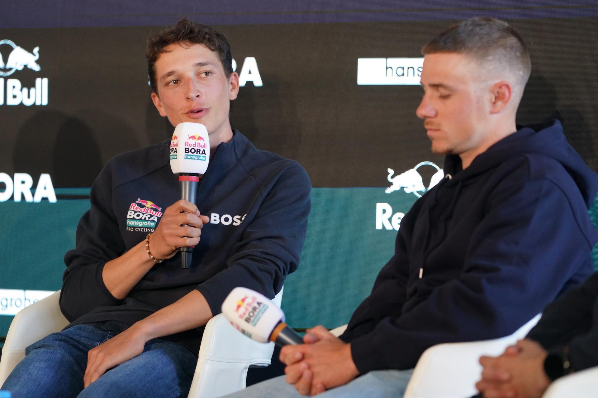 German Florian Lipowitz and Belgian Remco Evenepoel pictured during the media day of the Red Bull-BORA-hansgrohe cycling team in Binissalem, Mallorca, Spain, Wednesday 10 December 2025. BELGA PHOTO JOMA GARCIA I GISBERT