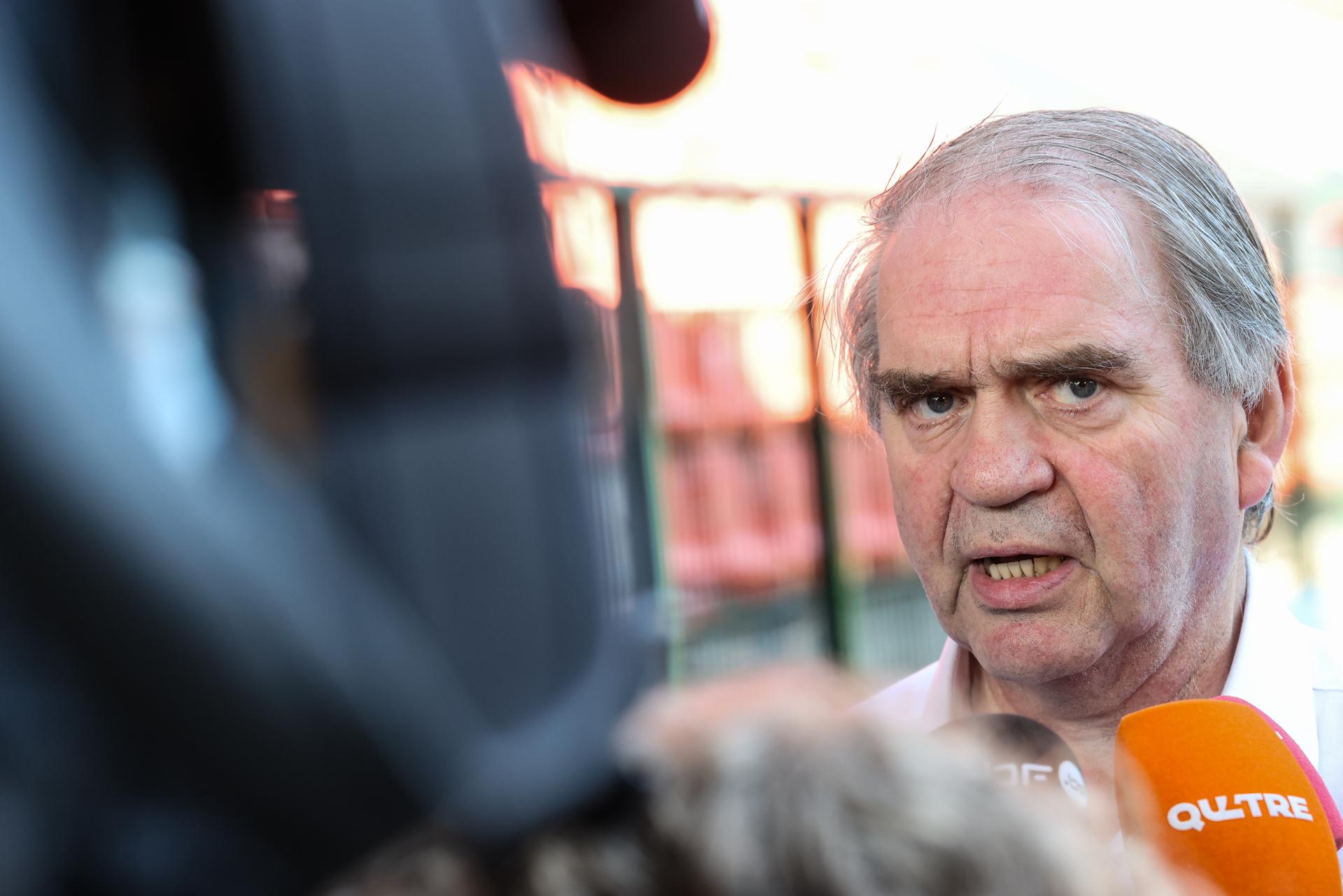 Standard's general manager Pierre Francois talks to the press after a press conference of first league team Standard de Liege regarding the incidents after Saturday's derby game against Sporting Charleroi, Monday 25 May 2026 in Liege. BELGA PHOTO BRUNO FAHY