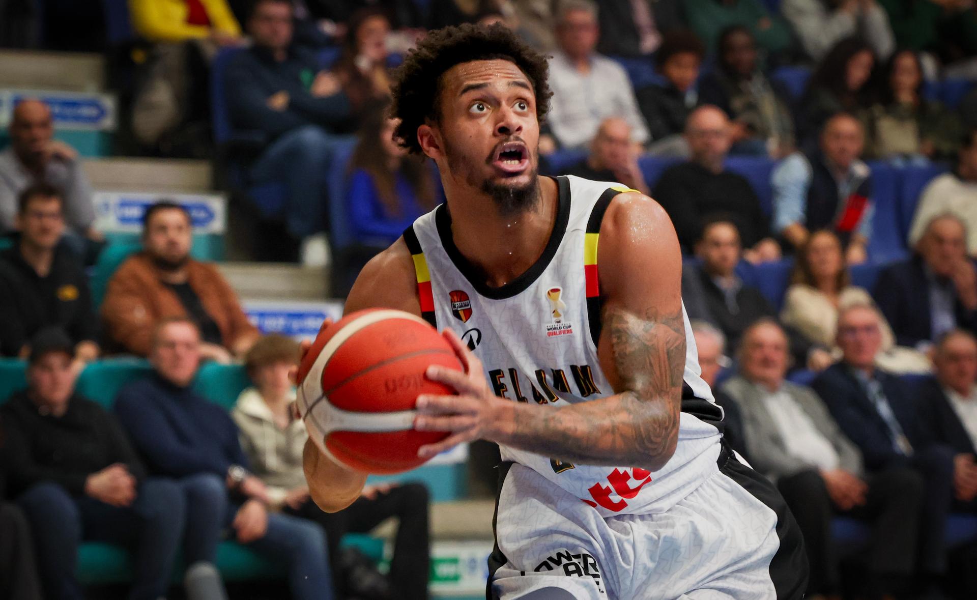 Belgium's Zaccharie Mortant pictured in action during a basketball match between Belgian national team Belgian Lions and Hungary, Monday 01 December 2025 in Mons, qualifier 2/6 for the men's 2027 FIBA World Championships. BELGA PHOTO VIRGINIE LEFOUR