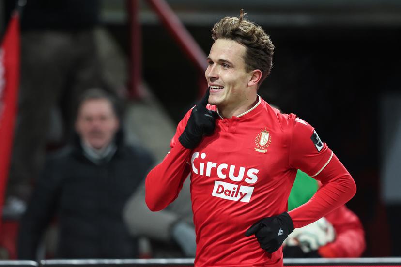 Standard's Dennis Ayensa celebrates after scoring during a soccer match between Standard de Liege and Royale Union Saint-Gilloise, Saturday 14 February 2026 in Liege, on day 25 of the 2025-2026 'Jupiler Pro League' first division of the Belgian championship. BELGA PHOTO BRUNO FAHY