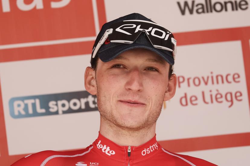 Belgian Liam Slock of Lotto Dstny celebrates on the podium of the stage 4 of the Tour De Wallonie cycling race, from Verviers to Herve (187 km), Thursday 25 July 2024. This year's Tour de Wallonie takes place from 22 to 26 July 2023. BELGA PHOTO BRUNO FAHY