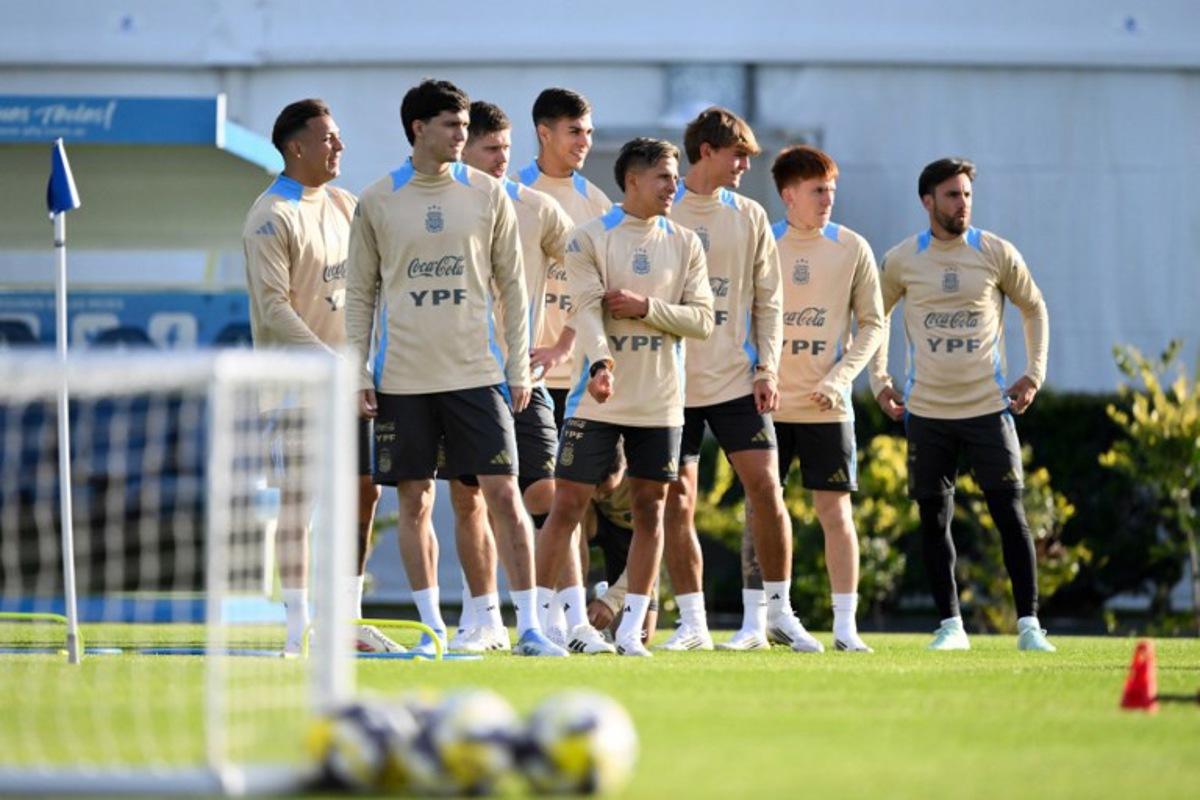 Argentina's national football team players take part in a training session in Ezeiza, Buenos Aires province, Argentina on June 3, 2025, ahead of the FIFA World Cup 2026 qualifier football match against Chile on June 5 at the National Stadium in Santiago.  LUIS ROBAYO / AFP