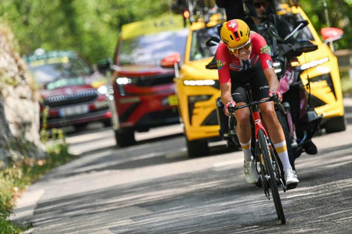 Uno-X Mobility's Norwegian rider Sigrid Ytterhus Haugset leads during the 3rd (out of 9) stage of the fifth edition of the Women's Tour de France cycling race, 156.5 km from Geneva to Poligny, in Poligny, central-eastern France on August 3, 2026.  NICOLAS TUCAT / AFP