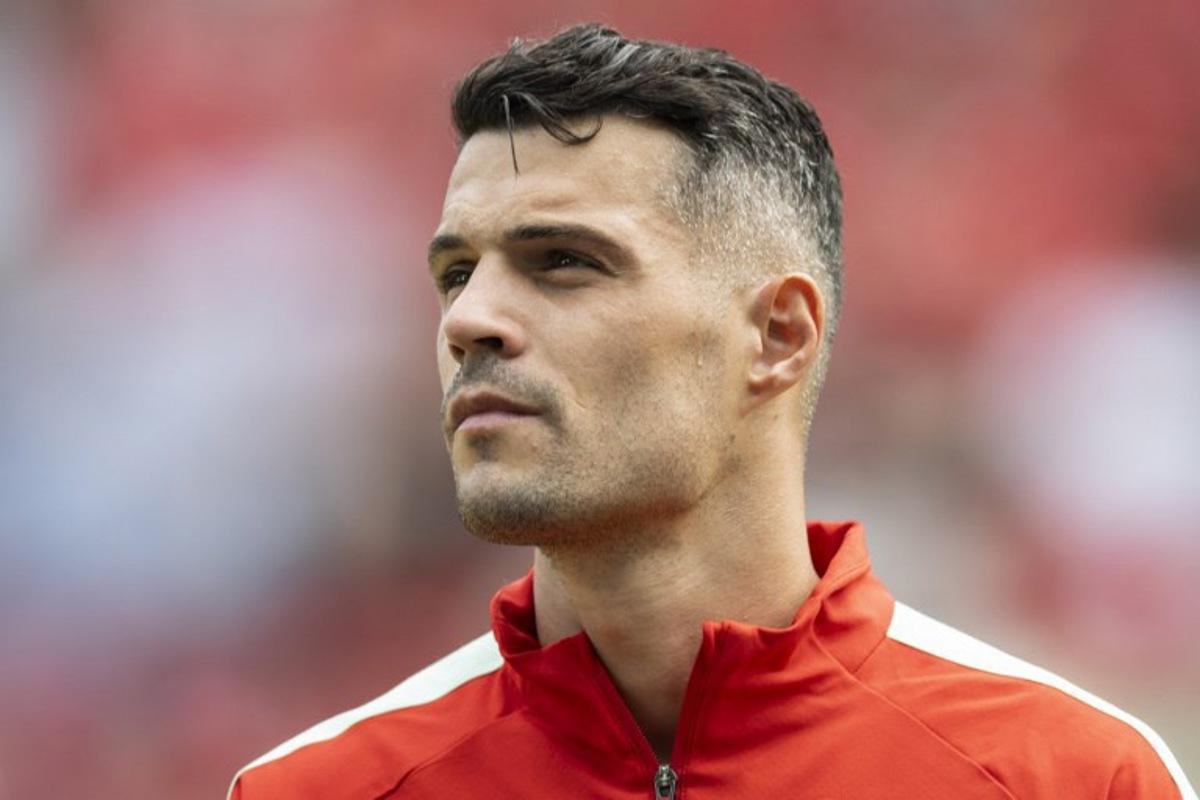 Switzerland's midfielder #10 Granit Xhaka poses prior to a friendly match between Switzerland and Jordan ahead of the 2026 FIFA World Cup football tournament at the Kybunpark stadium, in St. Gallen, on May 31, 2026.  Ennio LEANZA / AFP