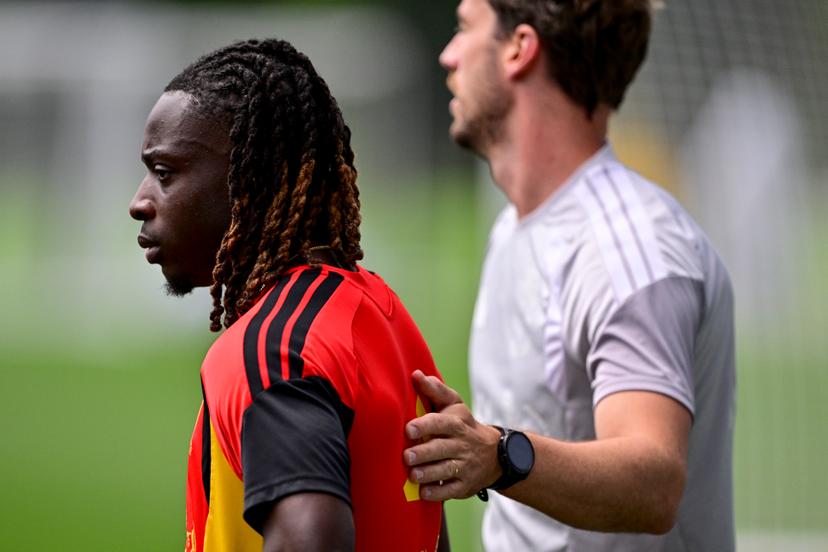 Belgium's Jeremy Doku pictured during a training session of Belgian national soccer team Red Devils in their base camp, home of the Seattle Sounders, Renton, Seattle, USA, on Friday 19 June 2026. The Red Devils prepare for their next game in the group stage of the 2026 FIFA World Cup. BELGA PHOTO DIRK WAEM