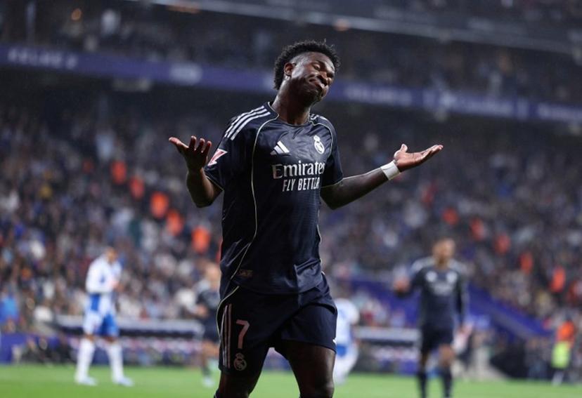 Real Madrid's Brazilian forward #07 Vinicius Junior reacts during the Spanish league football match between RCD Espanyol and Real Madrid CF at RCDE Stadium in Cornella de Llobregat on May 3, 2026.  Josep LAGO / AFP