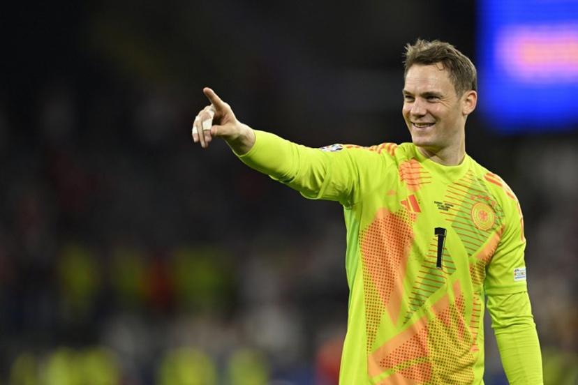 Germany's goalkeeper #01 Manuel Neuer celebrates his team's win at the end of the UEFA Euro 2024 round of 16 football match between Germany and Denmark at the BVB Stadion Dortmund in Dortmund on June 29, 2024.  INA FASSBENDER / AFP
