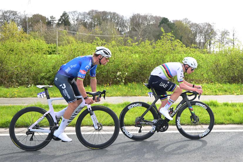 Dutch Mathieu van der Poel of Alpecin-Premier Tech and Slovenian Tadej Pogacar of UAE Team Emirates pictured in action during the men's race of the 'Ronde van Vlaanderen/ Tour des Flandres/ Tour of Flanders' UCI WorldTour one day cycling race, 278 km from Antwerp to Oudenaarde, Sunday 05 April 2026. BELGA PHOTO DAVID PINTENS