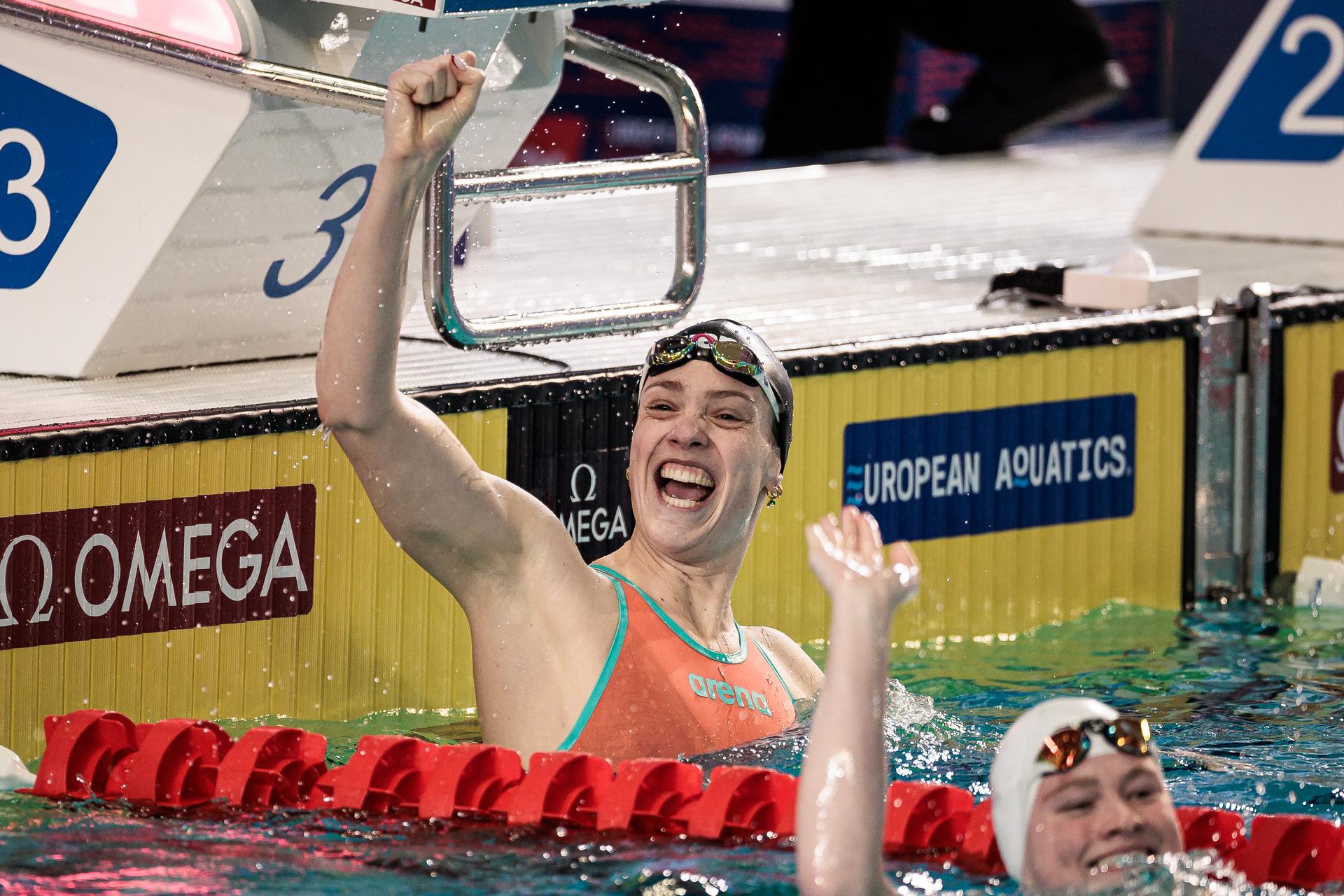 Florine Gaspard of Belgium during the Women's 50m Breaststroke Final at the European Aquatics Short Course Swimming Championships in Lublin, Poland, on Sunday 07 December 2025. BELGA PHOTO NIKOLA KRSTIC