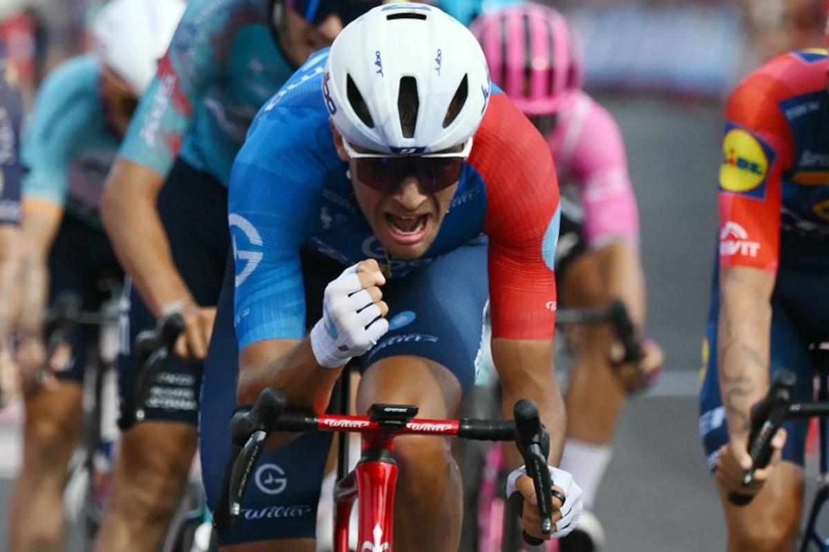 Team Groupama-FDJ's French rider Bastien Tronchon celebrates winning the 10th stage of the Vuelta a Espana 2026 cycling tour, a 184,7 km race between Alcaraz and Elche de la Sierra, on September 1, 2026.   JOSE JORDAN / AFP
