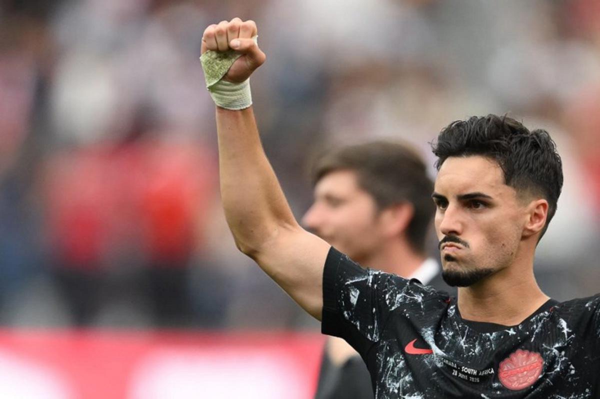 Canada's midfielder #07 Stephen Eustaquio celebrates after winning the 2026 World Cup round of 32 football match between South Africa and Canada at the Los Angeles Stadium in Inglewood on June 28, 2026.   Patrick T. Fallon / AFP