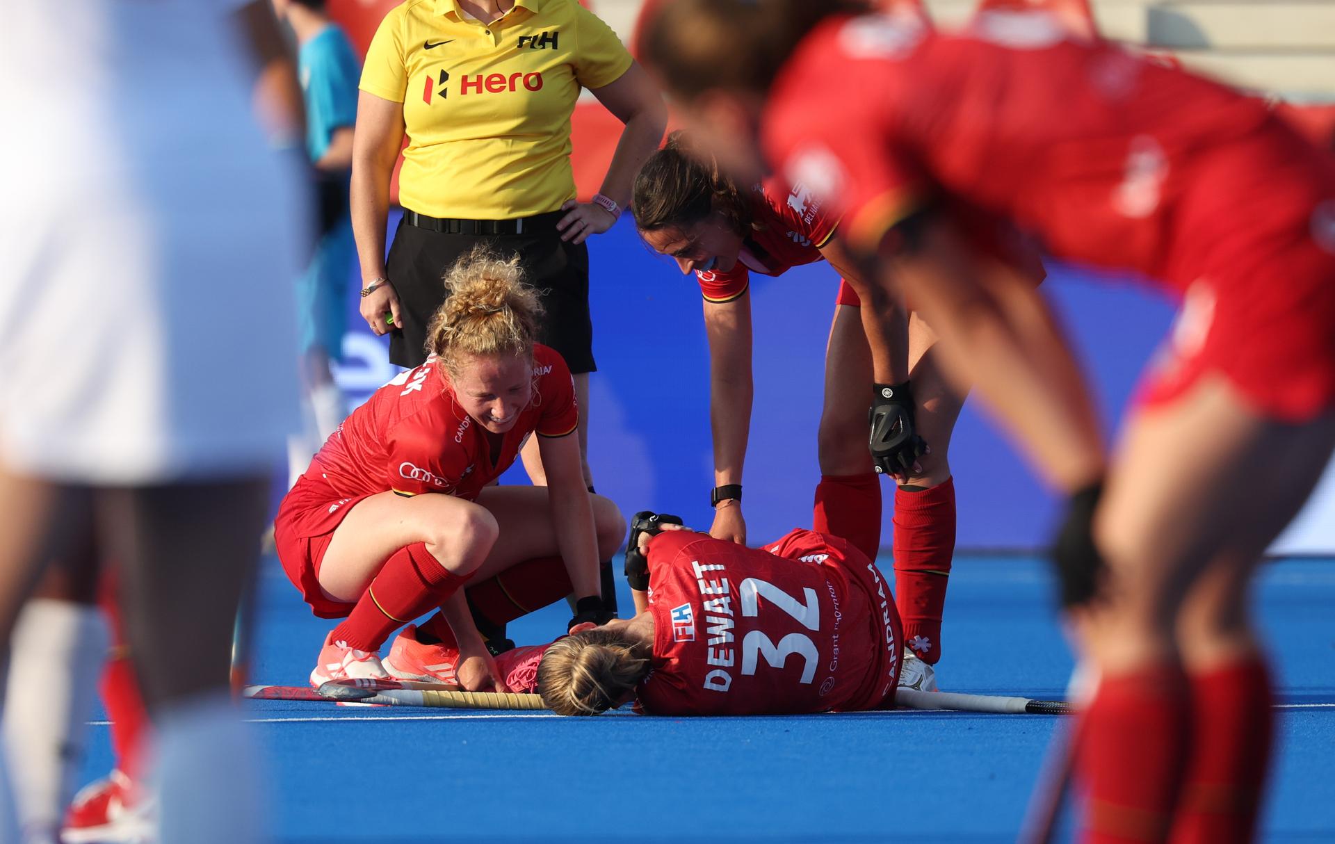 Belgium's Louise Dewaet looks dejected during a hockey game between Belgian national team Red Panthers and China, Tuesday 16 June 2026 in Wavre, match 10/16 in the group stage of the women's FIH Pro League competition. BELGA PHOTO VIRGINIE LEFOUR
