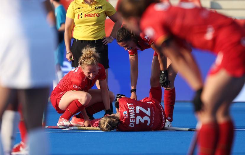 Belgium's Louise Dewaet looks dejected during a hockey game between Belgian national team Red Panthers and China, Tuesday 16 June 2026 in Wavre, match 10/16 in the group stage of the women's FIH Pro League competition. BELGA PHOTO VIRGINIE LEFOUR