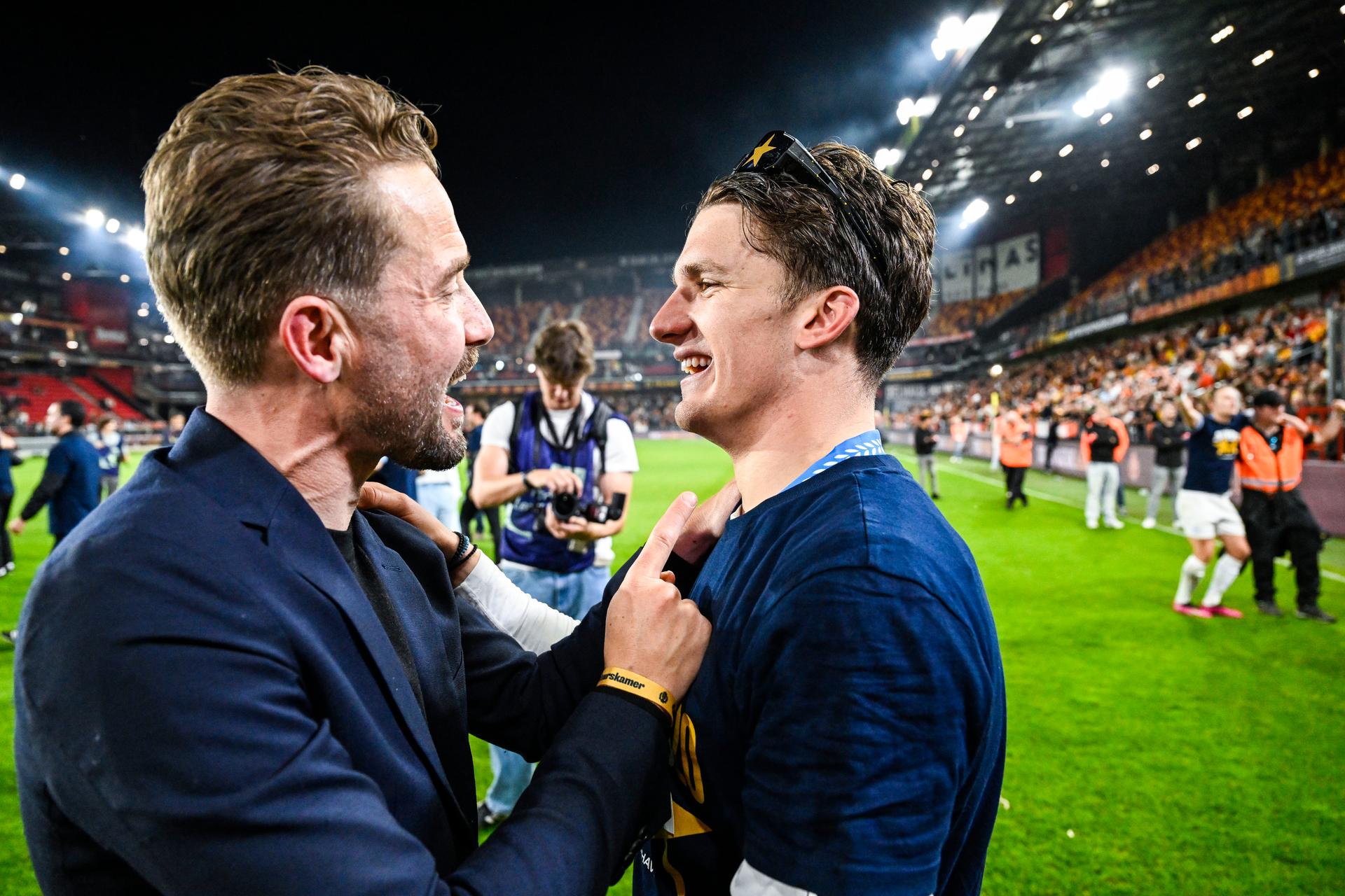 Club's team manager Devy Rigaux and Club's Christos Tzolis celebrate after winning the title at a soccer match between KV Mechelen and Club Brugge KV, Thursday 21 May 2026 in Mechelen, on the ninth day of the Champion's Play-offs of the 2025-2026 'Jupiler Pro League' first division of the Belgian championship. BELGA PHOTO TOM GOYVAERTS