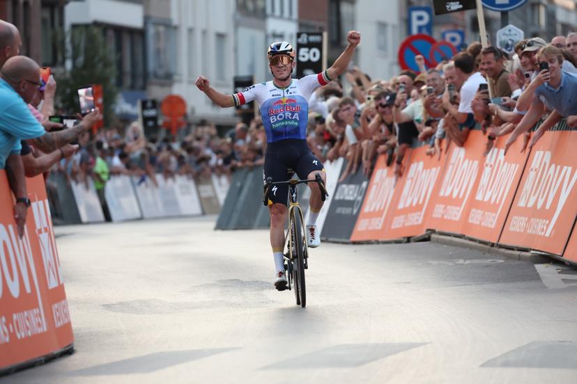 Belgian Remco Evenepoel of Red Bull-BORA-hansgrohe and pictured as he crosses the finish line of the 'Natourcriterium Roeselare' cycling event, Tuesday 28 July 2026 in Roeselare. The traditional 'criteriums' are local showcases for which mainly cyclists who rode the Tour de France are invited. BELGA PHOTO KURT DESPLENTER