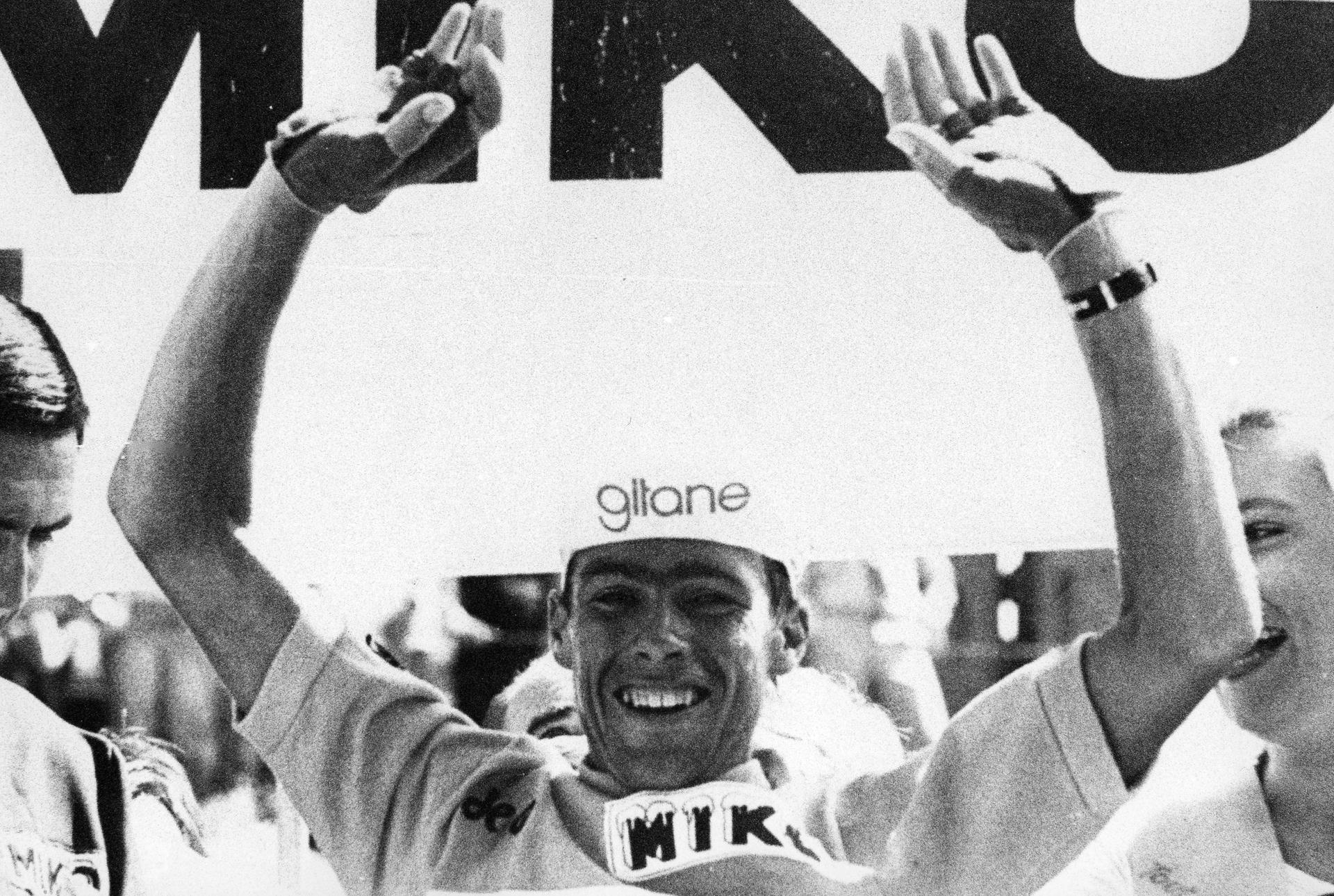 Belgian Lucien Van Impe celebrates on the podium after winning stage 14 of the 63rd edition of the Tour de France cycling race, 139km from Saint-Gaudens to Saint-Lary-Soulan, France, Saturday 10 July 1976. BELGA PHOTO BELGA ARCHIVES