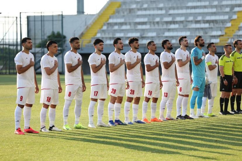 Iran's players stand during the national anthem before an international friendly football match between Iran and Gambia in Antalya, southern Turkey, on May 29, 2026, as part of the team's preparation for the upcoming football World Cup.  Oner SAN / AFP