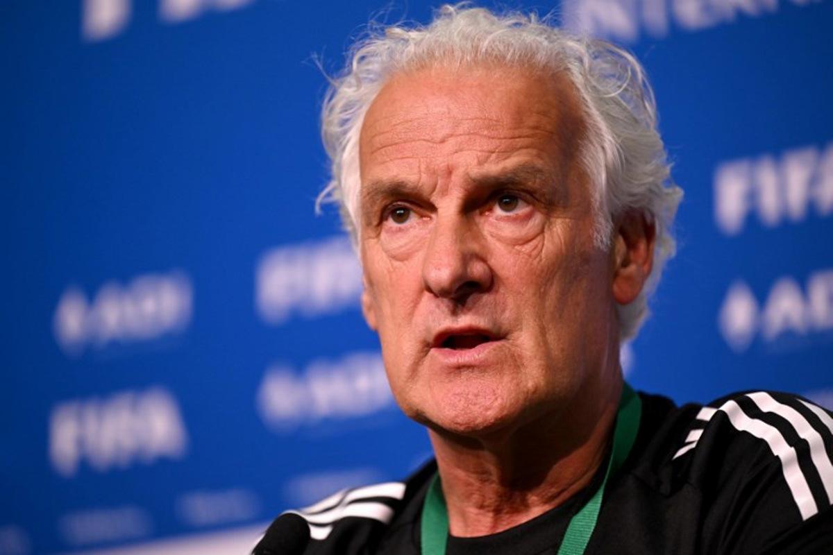 Curacao's head coach Fred Rutten speaks to the media in Melbourne on March 30, 2026, ahead of their international friendly football match against Australia.  William WEST / AFP
