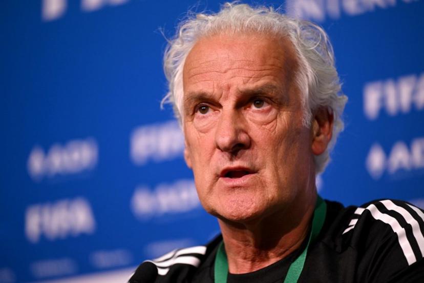Curacao's head coach Fred Rutten speaks to the media in Melbourne on March 30, 2026, ahead of their international friendly football match against Australia.  William WEST / AFP