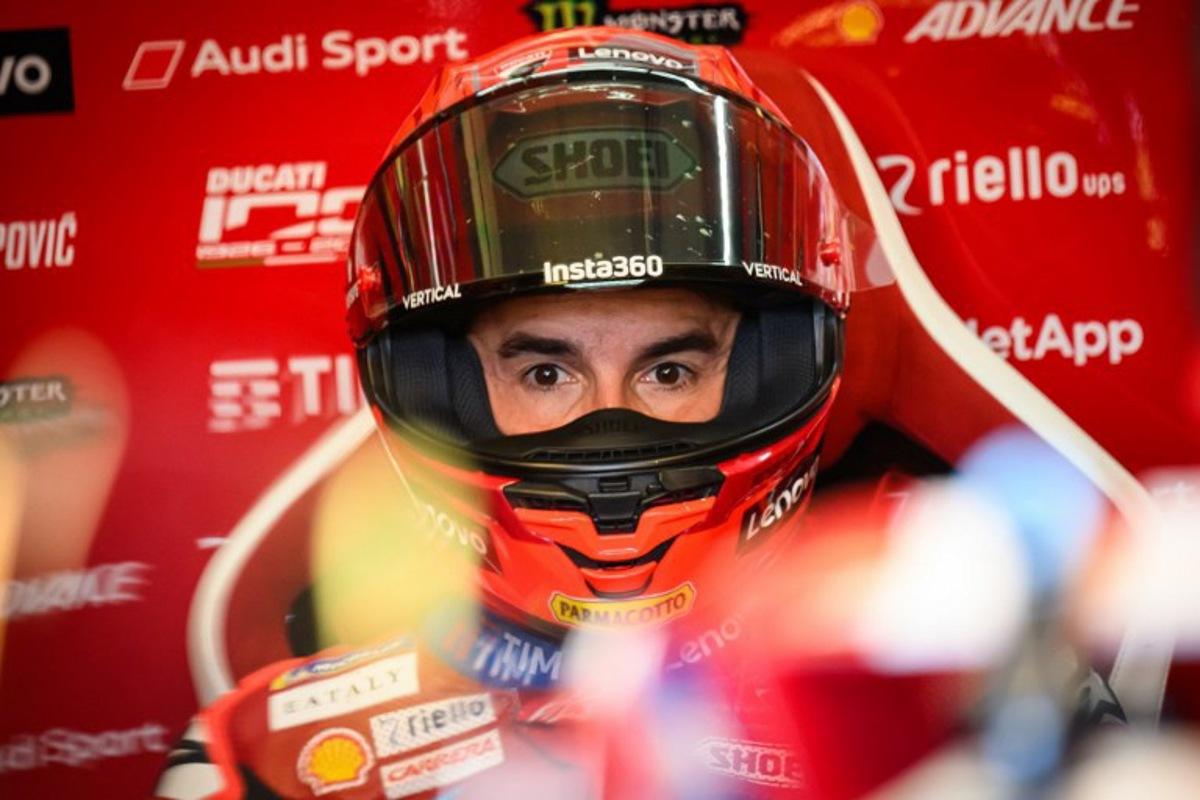 Ducati Lenovo Team's Spanish rider Marc Marquez looks on as he sits in the pits prior to the start of the first free practice session ahead of the Moto GP Grand Prix of France at Le Mans, northwestern France, on May 8, 2026.  Loic VENANCE / AFP