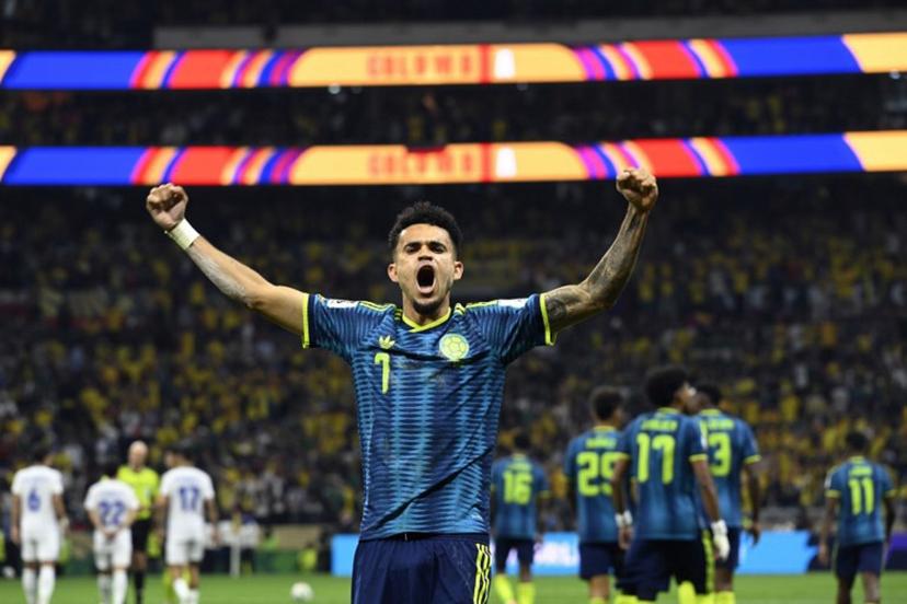 Colombia's forward #07 Luis Diaz celebrates scoring his team's second goal during the 2026 World Cup Group K football match between Uzbekistan and Colombia at the Mexico City Stadium in Mexico City on June 17, 2026.   Alfredo ESTRELLA / AFP