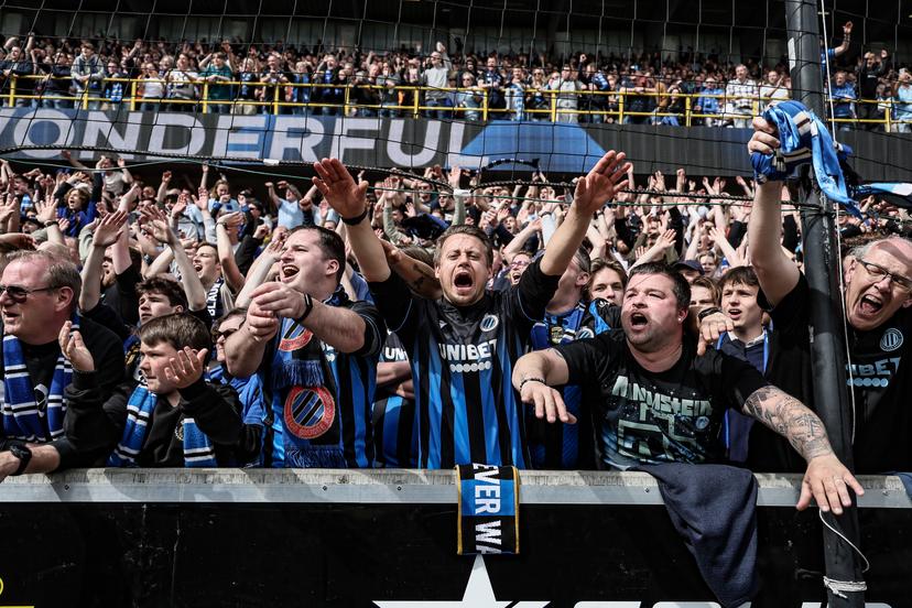 Club's supporter celebrates after a soccer match between Club Brugge KV and Royal Antwerp FC, Sunday 14 April 2024 in Brugge, on day 3 (out of 10) of the Champions' Play-offs of the 2023-2024 'Jupiler Pro League' first division of the Belgian championship. BELGA PHOTO BRUNO FAHY