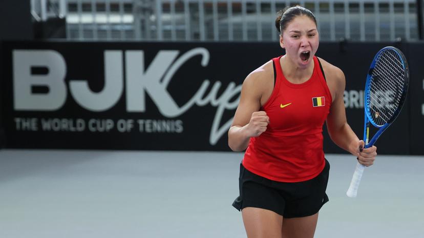 Belgian Sofia Costoulas reacts during the third game, a double game between Belgian pair Costoulas-Kempen and Turkish pair Aksu-Oz, in the Billie Jean King Cup Play-offs, between Belgium and Turkey, on Saturday 15 November 2025 in Ismaning, Germany. PHOTO BENOIT DOPPAGNE