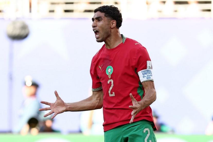 Morocco's defender #02 Achraf Hakimi reacts during the 2026 World Cup Group C football match between Brazil and Morocco at the New York/New Jersey Stadium in East Rutherford on June 13, 2026.  CHARLY TRIBALLEAU / AFP