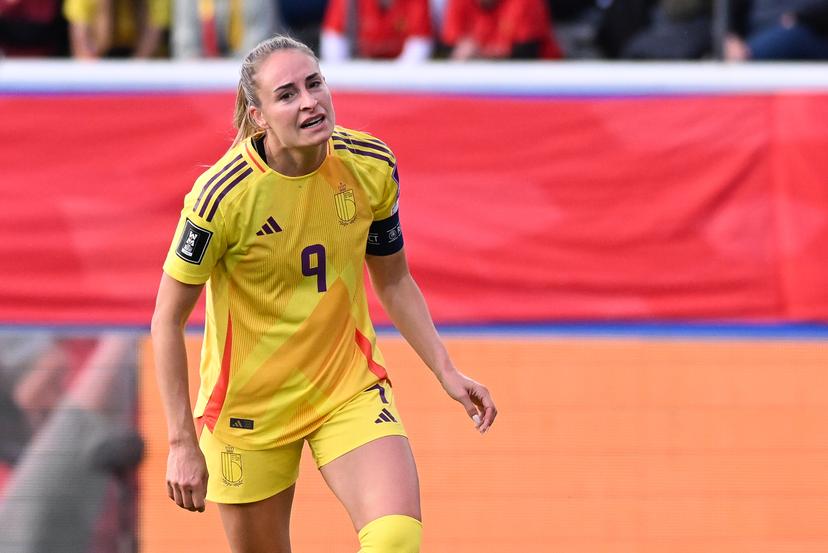 Belgium's Tessa Wullaert reacts during a soccer game between Belgium's national women's team the Red Flames and Luxembourg, on Friday 05 June 2026 in Leuven, in the fifth of six games of the qualifiers for the 2027 FIFA Women's World Cup. BELGA PHOTO JILL DELSAUX