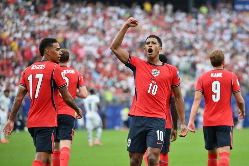 England's midfielder #10 Jude Bellingham celebrates scoring his team's first goal during the 2026 World Cup Group L football match between Panama and England at the New York/New Jersey Stadium in East Rutherford on June 27, 2026.   ANGELA WEISS / AFP