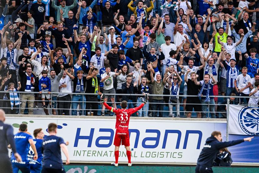 Gent's goalkeeper Davy Roef celebrates after winning a soccer match between KAA Gent and Racing Genk, Sunday 31 May 2026 in Gent, an European Play-off game of the 2025-2026 'Jupiler Pro League' first division of the Belgian championship. BELGA PHOTO TOM GOYVAERTS