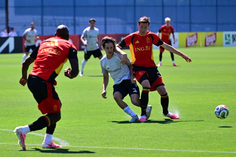 Players pictured in action during a friendly game between Belgium's players who didn't start yesterday and Seattle Sounders, at a training of Belgian national soccer team Red Devils, at the basecamp in Seattle, USA on Tuesday 16 June 2026, after their first game against Egypt at the FIFA World Cup 2026. The match ended in a 1-1 draw. BELGA PHOTO DIRK WAEM