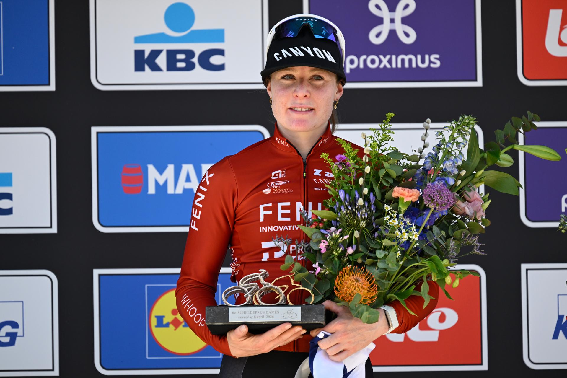 Dutch Charlotte Kool of Fenix-Premier Tech celebrates on the podium after winning the women's race of the 'Scheldeprijs' one day cycling event, 130,3km from and to Schoten on Wednesday 08 April 2026. BELGA PHOTO TOM GOYVAERTS