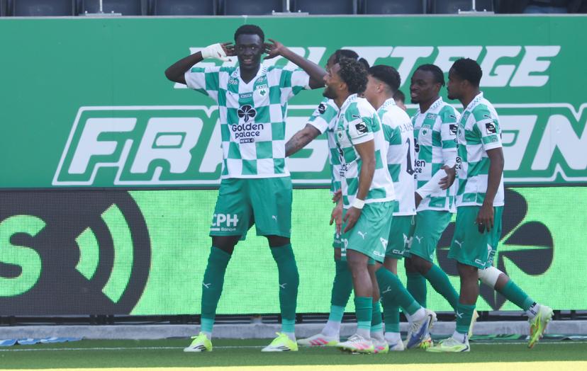 RAAL's Pape Fall celebrates after scoring during a soccer match between RAAL La Louviere and Cercle Brugge, Saturday 09 May 2026 in La Louviere, on the sixth and last day of the Relegation Play-offs phase of the 2025-2026 'Jupiler Pro League' first division of the Belgian championship. BELGA PHOTO VIRGINIE LEFOUR