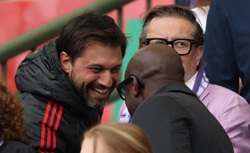 Georges-Louis Bouchez and Khaliilou Fadiga pictured during a soccer game between Royale Union Saint-Gilloise and RSC Anderlecht, Thursday 14 May 2026 in Brussels, the final of the 'Croky Cup' Belgian soccer cup. BELGA PHOTO VIRGINIE LEFOUR