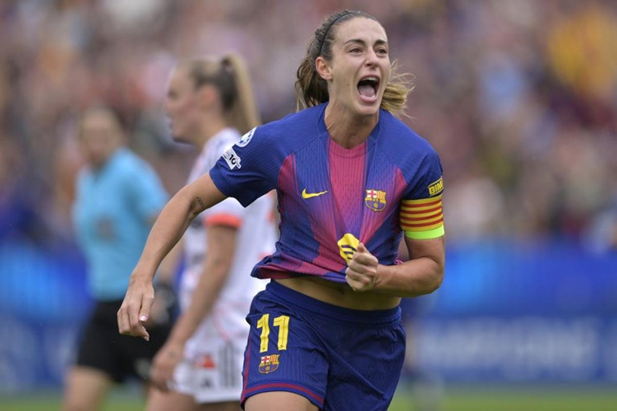 Barcelona's Spanish midfielder #11 Alexia Putellas celebrates scoring her team's second goal during the UEFA Women's Champions League semi-final second leg football match between FC Barcelona and Bayern Munich at Camp Nou Stadium in Barcelona on May 3, 2026.  MANAURE QUINTERO / AFP