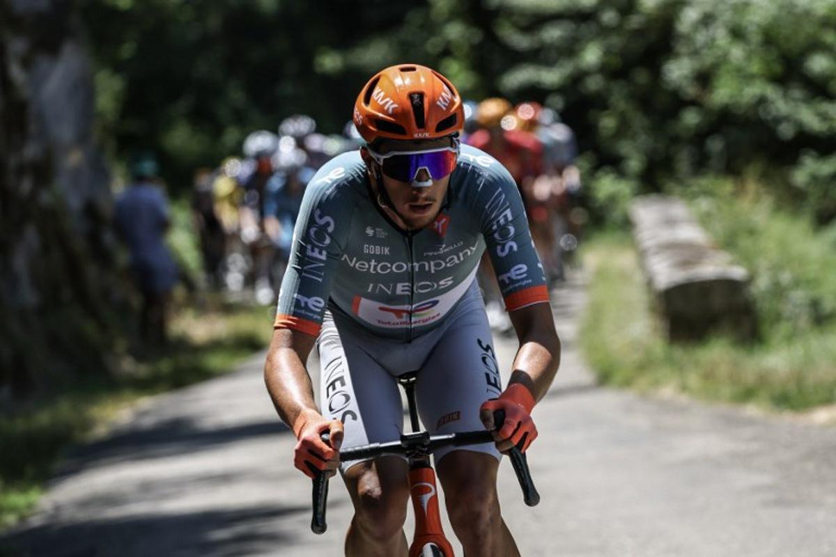 Netcompany Ineos Cycling Team's French rider Kévin Vauquelin cycles during the 7th stage of the Tour Auvergne-Rhone-Alpes cycling race (formerly known as the Criterium du Dauphine), 133,6km between La Bridoire and Grand Colombier in the French Alps on June 13, 2026.  Anne-Christine POUJOULAT / AFP