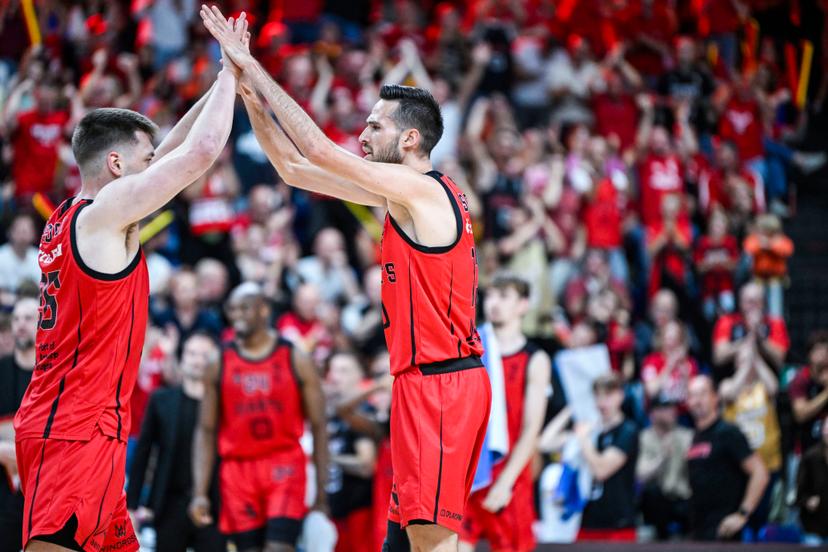 Antwerp's Niels De Ridder and Antwerp's Yoeri Schoepen celebrate during a basketball match between Antwerp Giants and BC Oostende, Saturday 13 June 2026, in Antwerp, the fifth and last deciding match of the Final of the Playoffs of the 'BNXT League' Belgian/ Dutch first division basket championship. BELGA PHOTO TOM GOYVAERTS