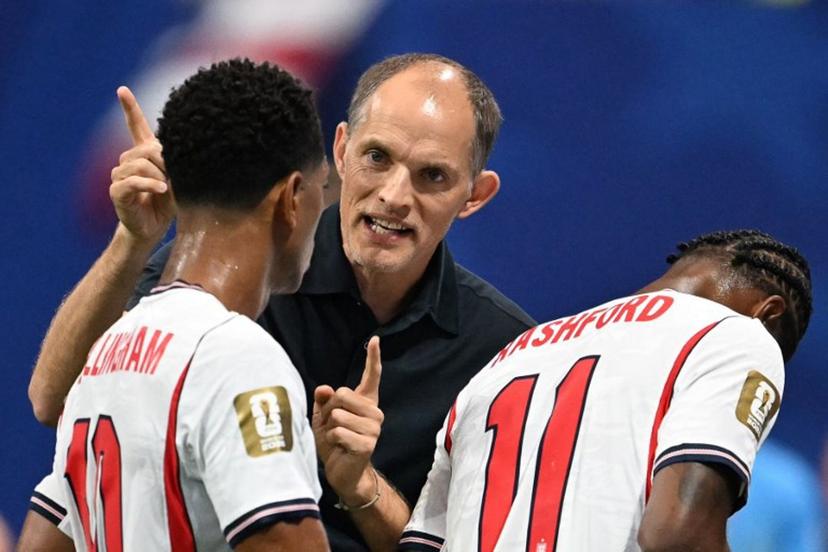 England's German head coach Thomas Tuchel gives instructions to England's midfielder #10 Jude Bellingham during the 2026 World Cup round of 32 match football between England and the Democratic Republic of Congo at the Atlanta Stadium in Atlanta on July 1, 2026.   ROBERTO SCHMIDT / AFP