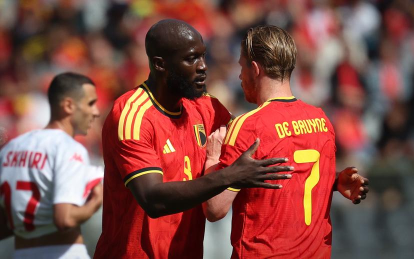 Belgium's Romelu Lukaku and Belgium's Kevin De Bruyne pictured during a friendly soccer game between Belgian national team Red Devils and Tunisia, Saturday 06 June 2026 in Brussels, part of the preparations for the 2026 FIFA World Cup. BELGA PHOTO VIRGINIE LEFOUR