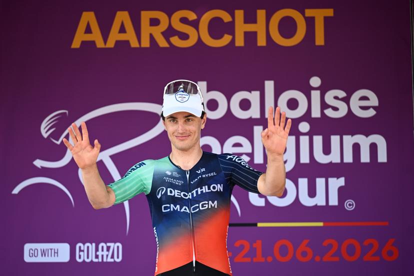 Dutch Olav Kooij of Decathlon CMA CGM Team celebrates on the podium after winning stage 4 of the Baloise Belgium Tour cycling race, 183,5km from Begijnendijk to Aarschot, on Saturday 20 June 2026. The Baloise Belgium Tour takes place from 17 to 21 June. BELGA PHOTO JASPER JACOBS