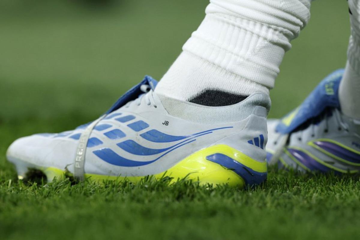 This picture shows a close-up of Real Madrid's English midfielder #05 Jude Bellingham's shoes during the Spanish league football match between Real Madrid CF and Real Oviedo at Santiago Bernabeu Stadium in Madrid on May 14, 2026.  Oscar DEL POZO / AFP