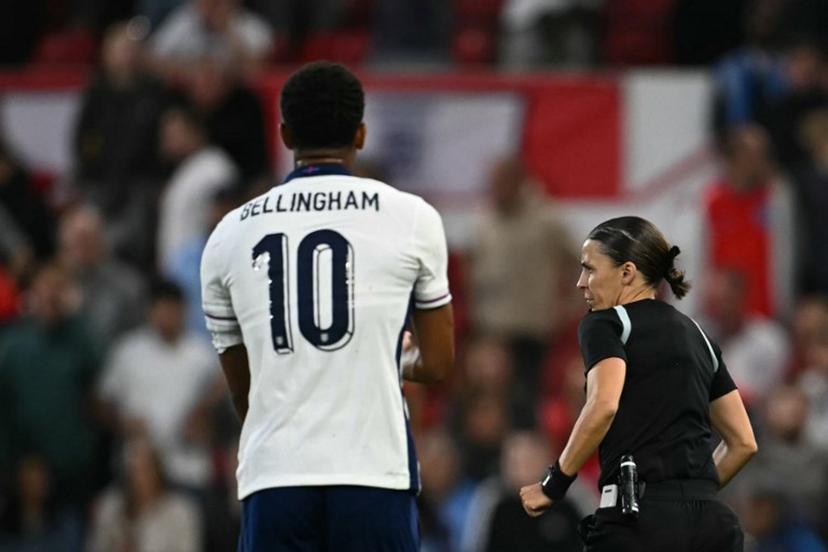 England's midfielder #10 Jude Bellingham reacts after his goal is disallowed by referee Stephanie Frappart during the international friendly football match between England and Senegal at the City Ground stadium, in Nottingham, on June 10, 2025.  Paul ELLIS / AFP