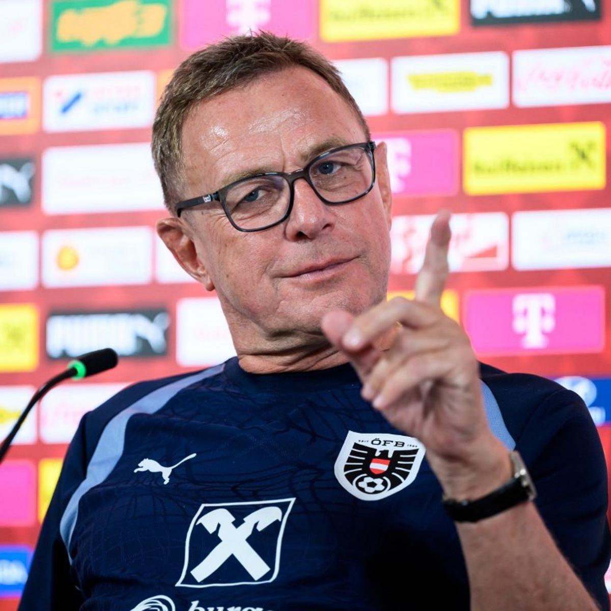 Austria's head coach Ralf Rangnick speaks during a press conference in Vienna on May 31, 2026, on the eve of the friendly footbal match between Austria and Tunisia.  MAX SLOVENCIK / APA / AFP