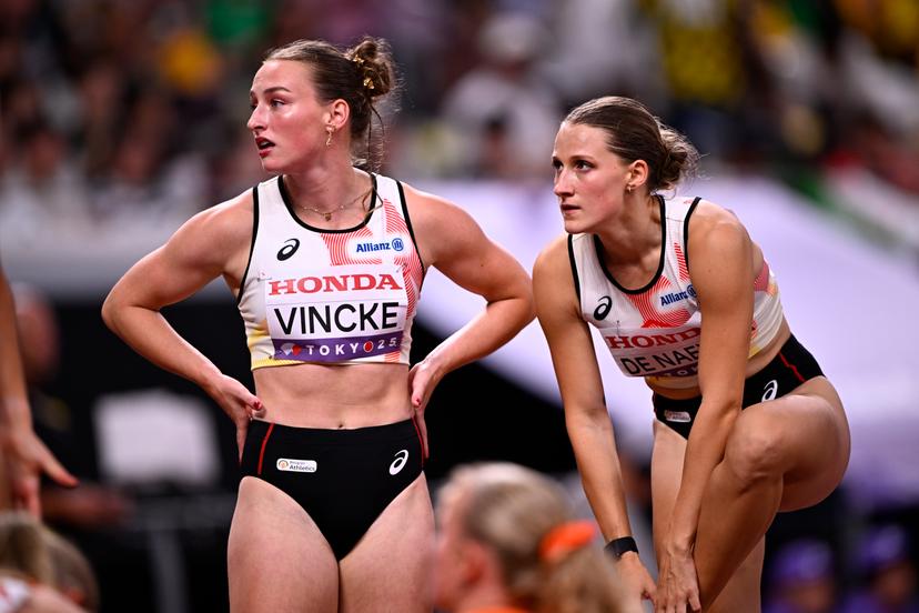 Belgian Rani Vincke and Belgian Janie De Naeyer pictured during the heats of the women's 4x100m relay race, at the World Athletics Championships in Tokyo, Japan, on Saturday 20 September 2025. The outdoor Worlds are taking place from 13 to 21 September. BELGA PHOTO JASPER JACOBS